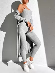 SHEIN Essnce 素色條紋針織吊帶彈力緊身連體褲和開門襟外套 - 淺灰色 - 查看 1