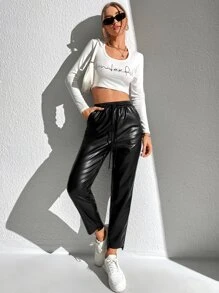 SHEIN EZwear Quần nữ Bất đối xứng Dây kéo màu trơn Giải trí - màu đen - Xem 4