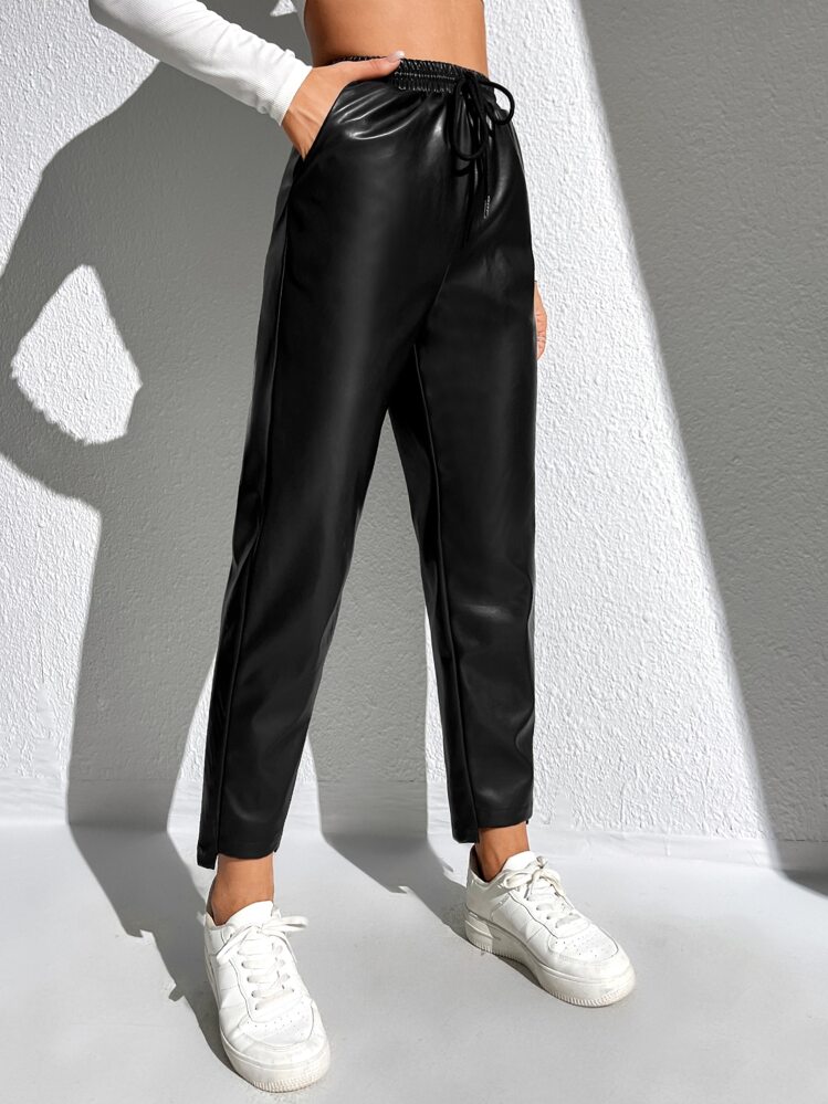 SHEIN EZwear 腰部抽繩不對稱下擺PU皮革錐形褲 - 黑色 - 查看 5
