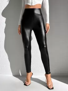SHEIN BAE 素色高腰PU皮革緊身褲 - 黑色 - 查看 1