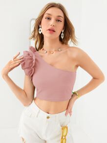 SHEIN BAE One Shoulder Layered Sleeve Crop Top - Baby Pink - View 5