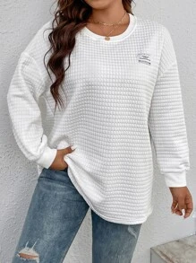 SHEIN LUNE 大碼字母補丁細節落肩T恤 - 白色 - 查看 3