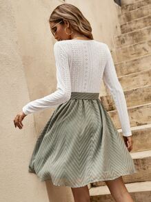 SHEIN LUNE Scoop Neck Eyelet Embroidery Belted A-line Dress - Multicolor - View 2