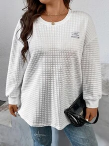 SHEIN LUNE 大碼字母補丁細節落肩T恤 - 白色 - 查看 4