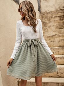 SHEIN LUNE Scoop Neck Eyelet Embroidery Belted A-line Dress - Multicolor - View 3