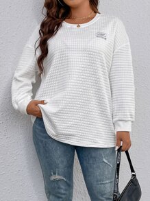 SHEIN LUNE 大碼字母補丁細節落肩T恤 - 白色 - 查看 5