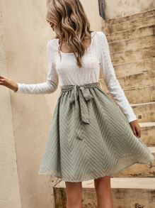 SHEIN LUNE Scoop Neck Eyelet Embroidery Belted A-line Dress - Multicolor - View 4