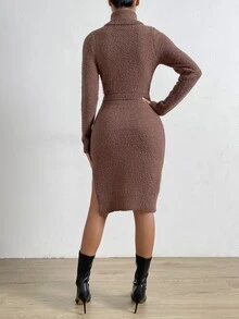 SHEIN Essnce 高領高衩腰帶毛衣洋裝 - 咖啡棕 - 查看 2