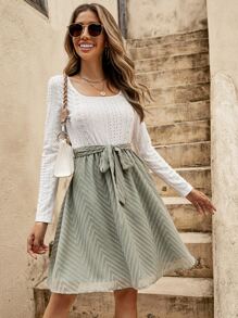 SHEIN LUNE Scoop Neck Eyelet Embroidery Belted A-line Dress - Multicolor - View 5