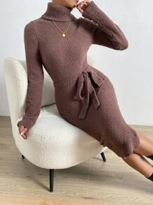 SHEIN Essnce 高領高衩腰帶毛衣洋裝 - 咖啡棕 - 查看 6