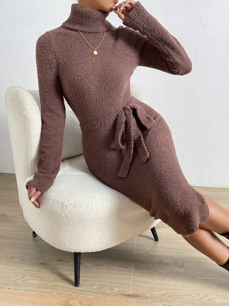 SHEIN Essnce 高領高衩腰帶毛衣洋裝 - 咖啡棕 - 查看 6