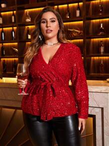 SHEIN Privé Plus Surplice Neck Belted Sequin Blouse - Red - View 1