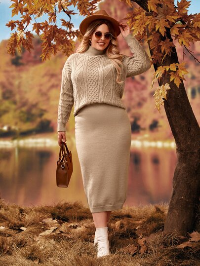 SHEIN Clasi Plus Cable Knit High Neck Drop Shoulder Sweater & Knit Skirt