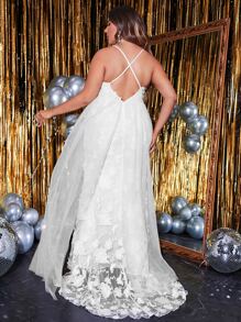 YISIKADO Plus Floral Embroidery Mesh Overlay Cami Wedding Dress - White - View 2