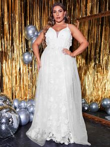 YISIKADO Plus Floral Embroidery Mesh Overlay Cami Wedding Dress - White - View 3