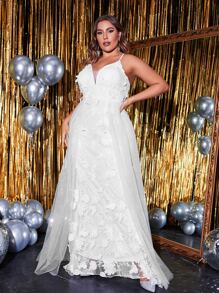 YISIKADO Plus Floral Embroidery Mesh Overlay Cami Wedding Dress - White - View 5