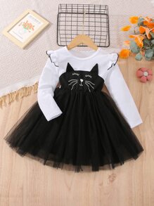 小女童卡通圖案荷葉邊網紗邊連衣裙 - 黑與白 - 查看 1