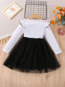 小女童卡通圖案荷葉邊網紗邊連衣裙 - 黑與白 - 查看 2