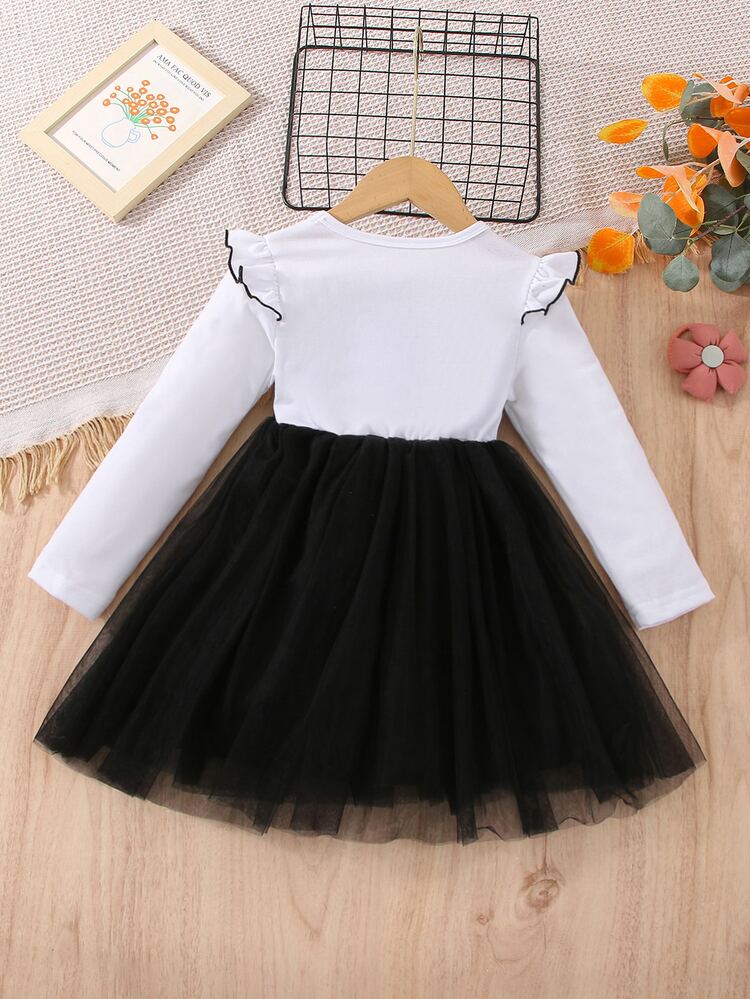 小女童卡通圖案荷葉邊網紗邊連衣裙 - 黑與白 - 查看 2