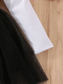 小女童卡通圖案荷葉邊網紗邊連衣裙 - 黑與白 - 查看 3