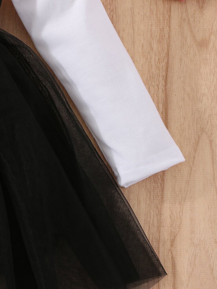 小女童卡通圖案荷葉邊網紗邊連衣裙 - 黑與白 - 查看 3