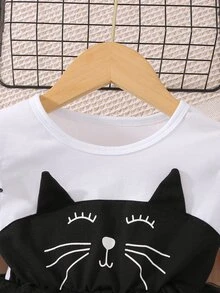 小女童卡通圖案荷葉邊網紗邊連衣裙 - 黑與白 - 查看 4