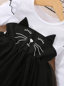 小女童卡通圖案荷葉邊網紗邊連衣裙 - 黑與白 - 查看 5