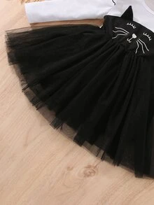 小女童卡通圖案荷葉邊網紗邊連衣裙 - 黑與白 - 查看 6