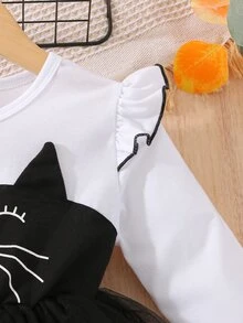 小女童卡通圖案荷葉邊網紗邊連衣裙 - 黑與白 - 查看 7