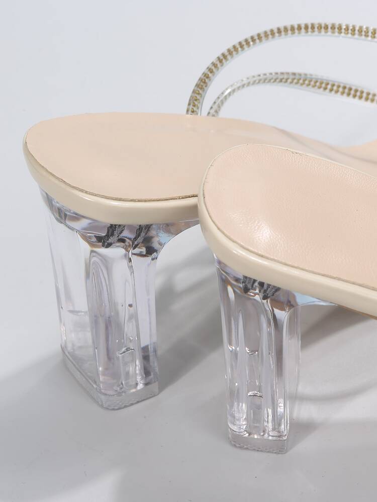 全新夏季水晶装饰露趾坡跟凉鞋，长腿设计，2024 年系列 - 米色 - 查看 5