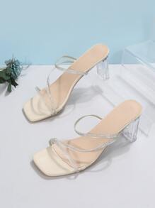 全新夏季水晶装饰露趾坡跟凉鞋，长腿设计，2024 年系列 - 米色 - 查看 6