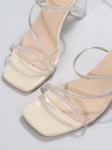 全新夏季水晶装饰露趾坡跟凉鞋，长腿设计，2024 年系列 - 米色 - 查看 7