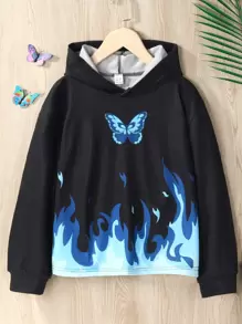 Tween Girl Butterfly & Fire Print Sweatshirt - Black - View 1