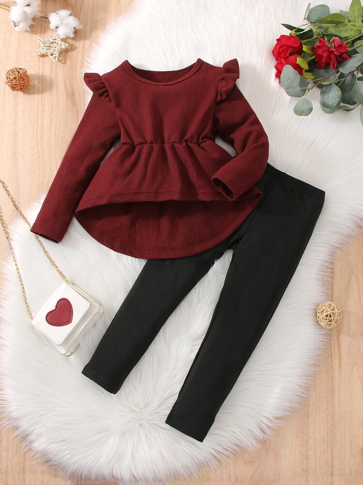 Toddler Girls Ruffle Trim High Low Hem Tee & Pants - Multicolor - View 1