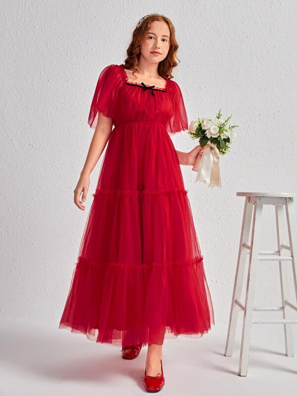 SHEIN Junior Brautjungfernkleid mit Schmetterlingsärmeln, Rüschenbesatz