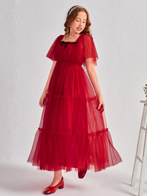 SHEIN Junior Brautjungfernkleid mit Schmetterlingsärmeln, Rüschenbesatz