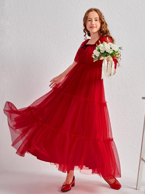 SHEIN Junior Brautjungfernkleid mit Schmetterlingsärmeln, Rüschenbesatz