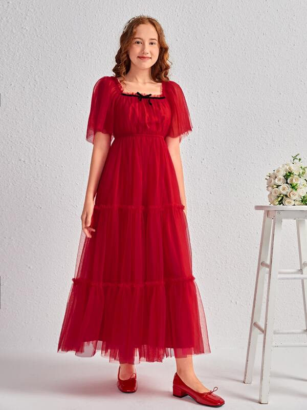 SHEIN Junior Brautjungfernkleid mit Schmetterlingsärmeln, Rüschenbesatz