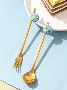 1pc Stainless Steel Spoon & 1pc Fork - Multicolor - View 3