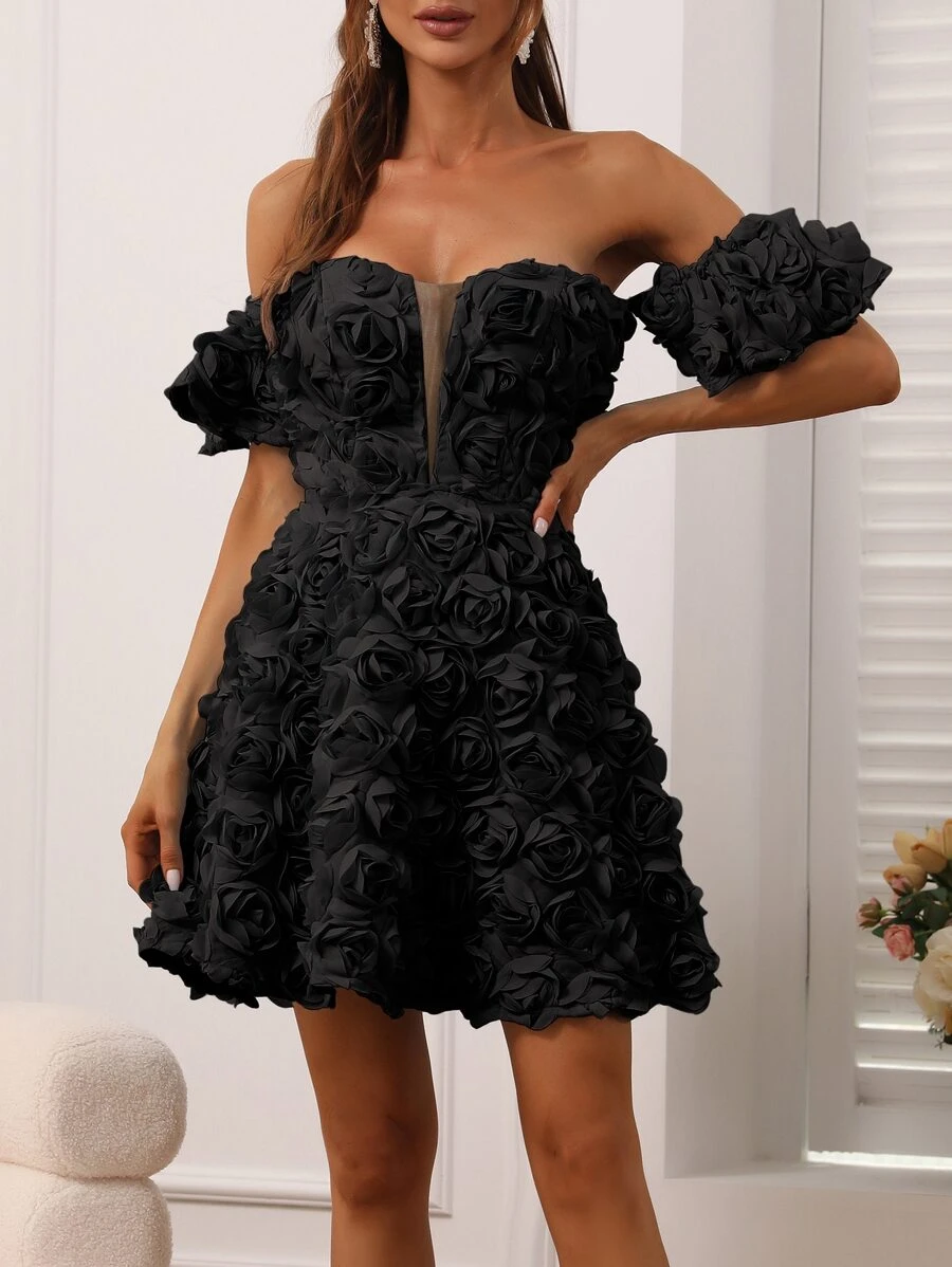 Off Shoulder Contrast Mesh Appliques Dress - Black - View 1