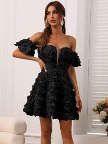 Off Shoulder Contrast Mesh Appliques Dress - Black - View 3