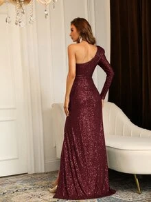 Faeriesty Đầm sequin xẻ cao, cổ lệch, thanh lịch và quyến rũ dành cho nữ - Hoàn hảo cho các sự kiện thảm đỏ, dạ hội của người nổi tiếng, tiệc cưới, vũ hội đêm khuya, trang phục dự đám cưới, váy dạ hội và váy cocktail, cũng như trang phục nghỉ hè. - Màu Đỏ Sâu - Xem 2