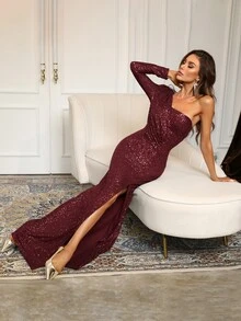 Faeriesty Đầm sequin xẻ cao, cổ lệch, thanh lịch và quyến rũ dành cho nữ - Hoàn hảo cho các sự kiện thảm đỏ, dạ hội của người nổi tiếng, tiệc cưới, vũ hội đêm khuya, trang phục dự đám cưới, váy dạ hội và váy cocktail, cũng như trang phục nghỉ hè. - Màu Đỏ Sâu - Xem 4