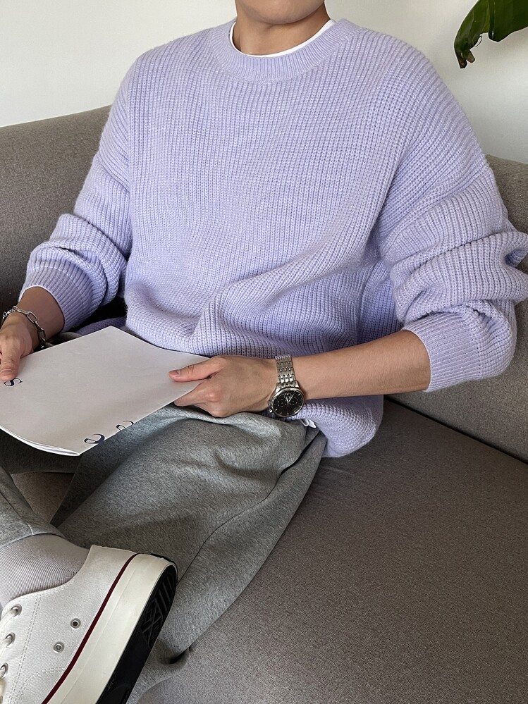 DAZY Men Drop Shoulder Ribbed Knit Jumper - Lilac Purple - View 1