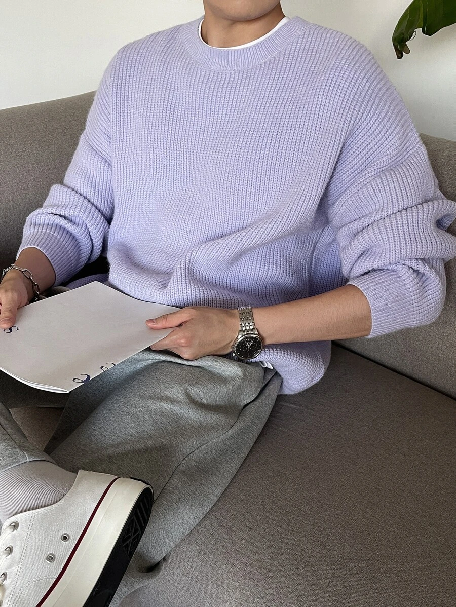 DAZY Men Drop Shoulder Ribbed Knit Jumper - Lilac Purple - View 1