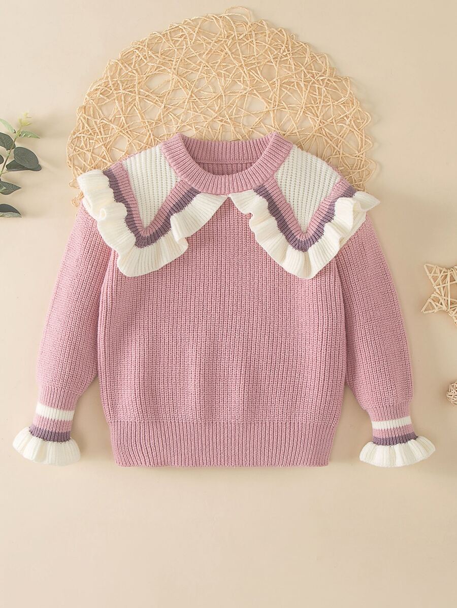 Toddler Girls Striped Pattern Statement Collar Flounce Sleeve Jumper - Pink - View 1