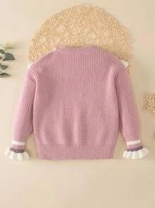 Toddler Girls Striped Pattern Statement Collar Flounce Sleeve Jumper - Pink - View 2