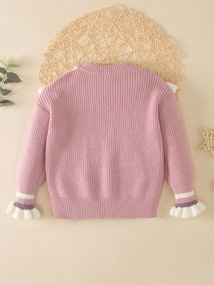 Niñas Jersey con patrón de rayas de cuello exagerado de manga con volante - Rosa - Añade 2