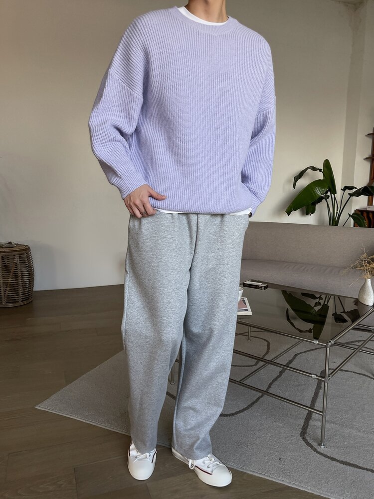 DAZY Men Drop Shoulder Ribbed Knit Jumper - Lilac Purple - View 3