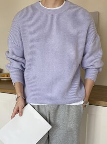 DAZY Men Drop Shoulder Ribbed Knit Jumper - Lilac Purple - View 6